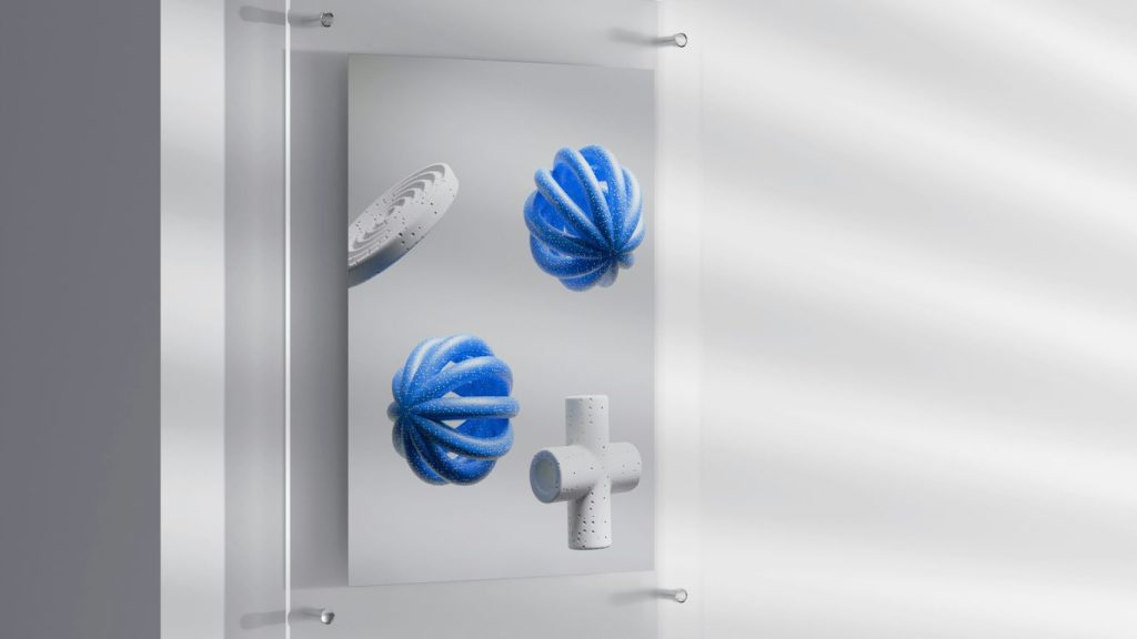 a white box with blue and white objects in it
