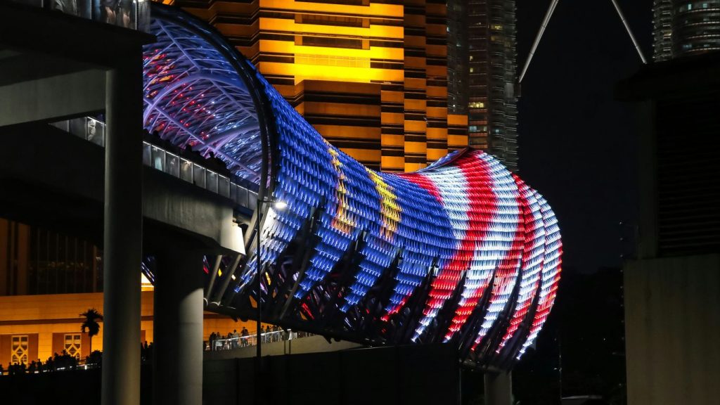 red blue and white striped lighted building